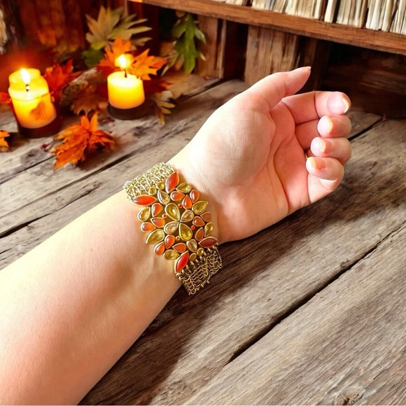 KENNETH COLE Gold-Tone Stretch Bracelet w/ Red & Amber Stones - Picture 2 of 10